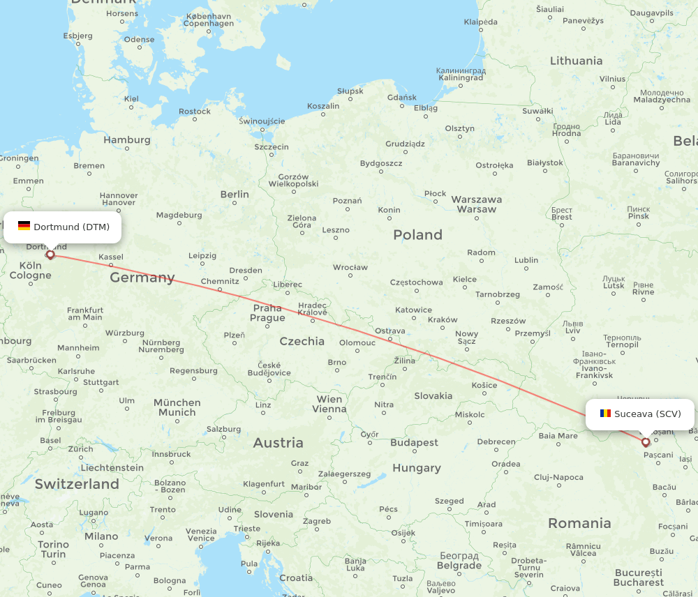 Dortmund - Suceava route map and flight paths