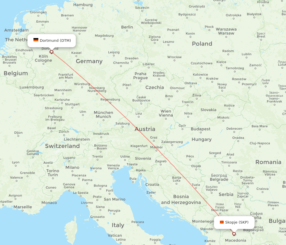 Dortmund - Skopje route map and flight paths
