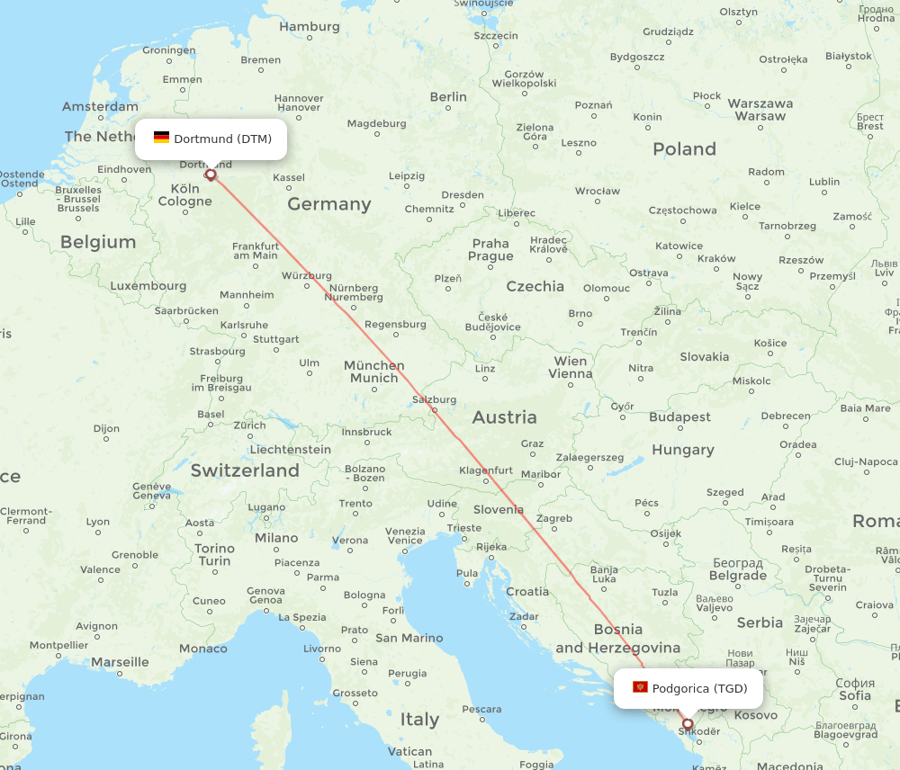 Dortmund - Podgorica route map and flight paths