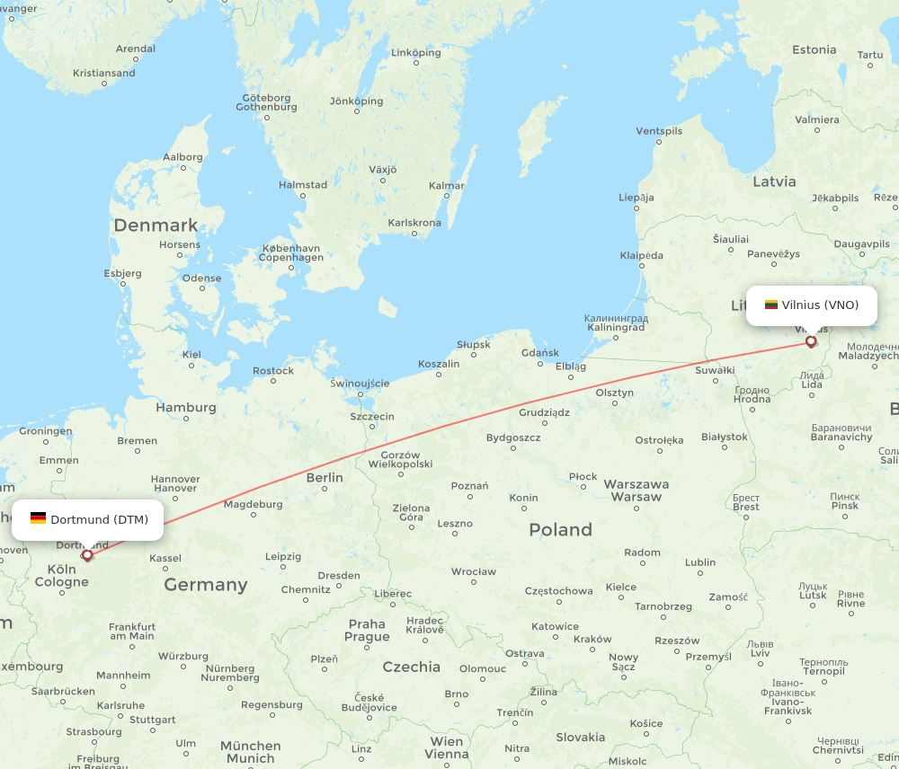 Dortmund - Vilnius route map and flight paths