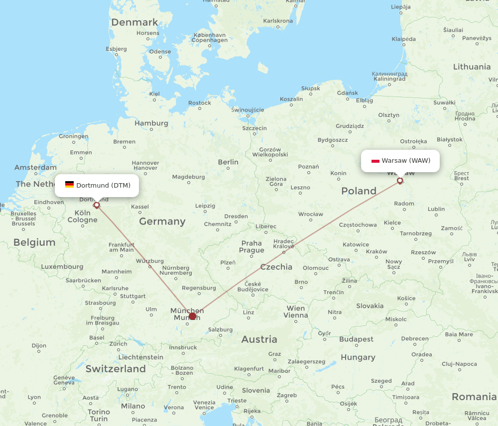 Dortmund - Warsaw route map and flight paths
