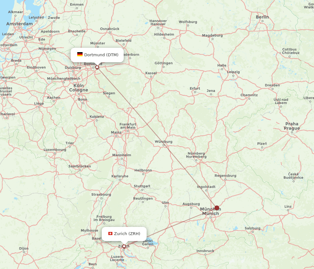 Zurich - Dortmund route map and flight paths