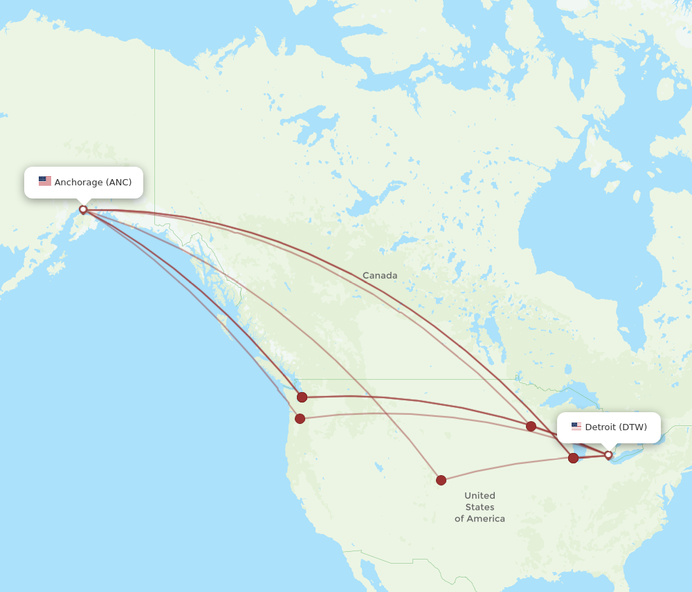 DTW to ANC flights and routes map