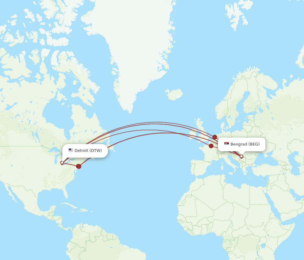DTW-BEG flight routes