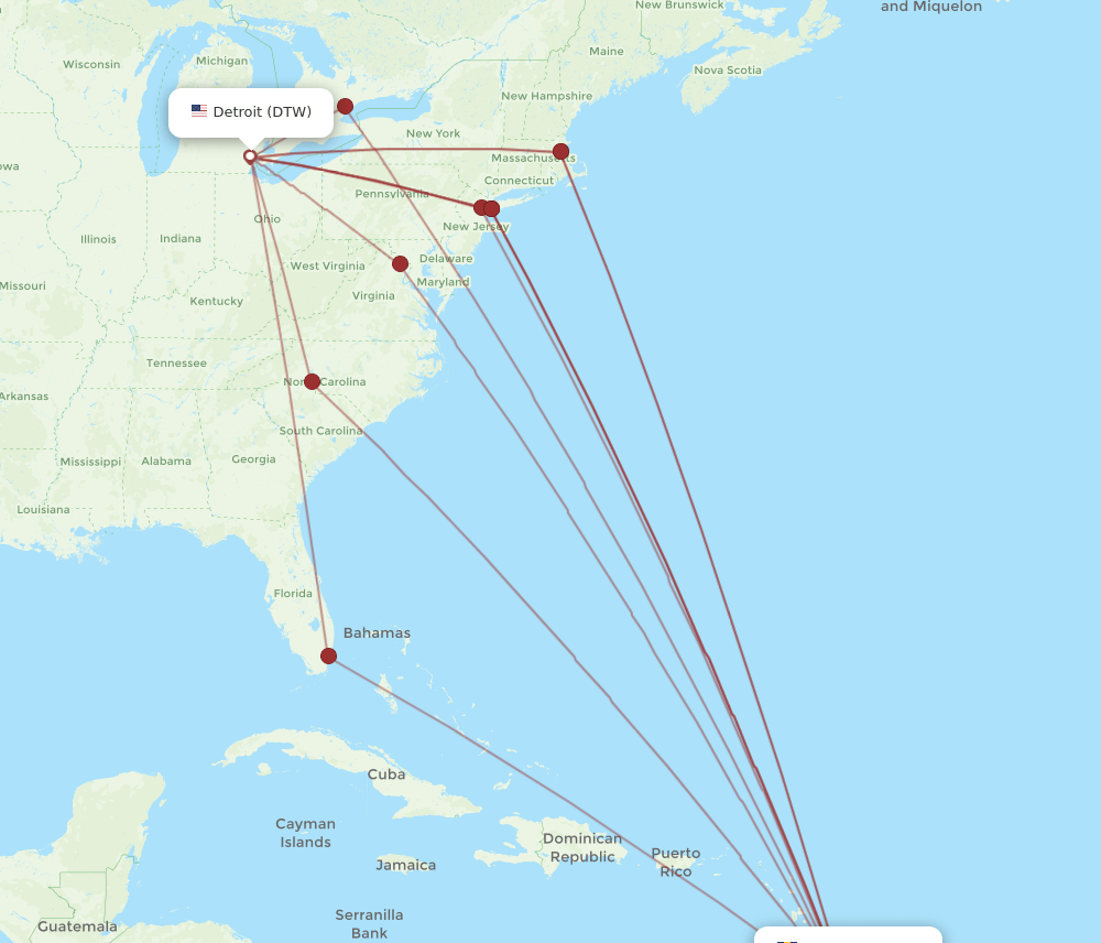 DTW-BGI flight routes