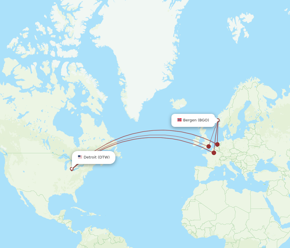 DTW-BGO flight routes