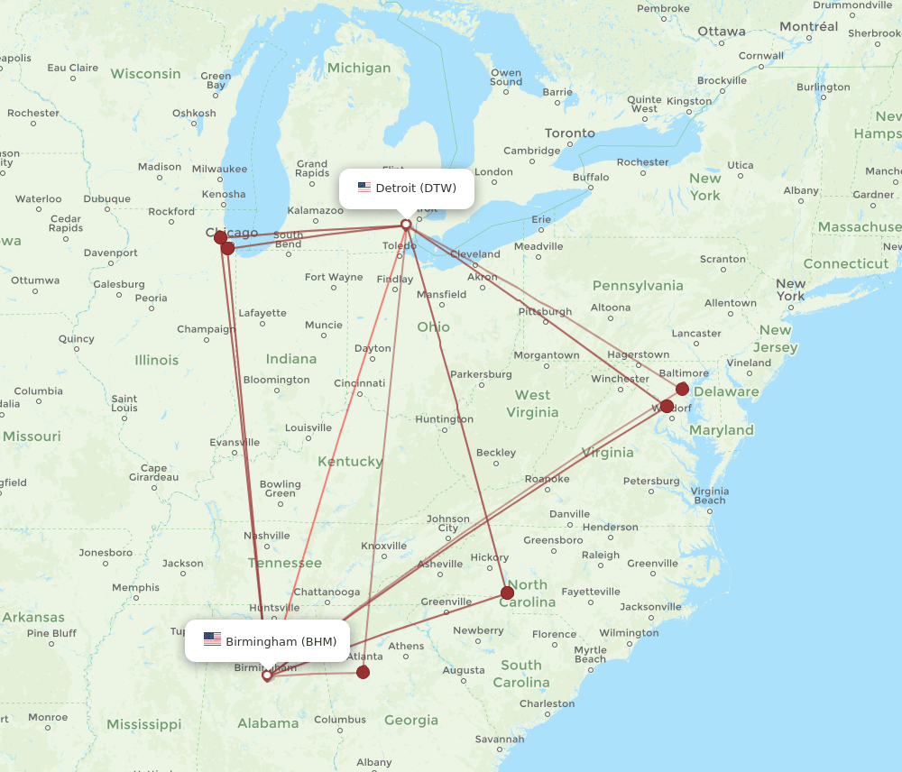 DTW-BHM flight routes
