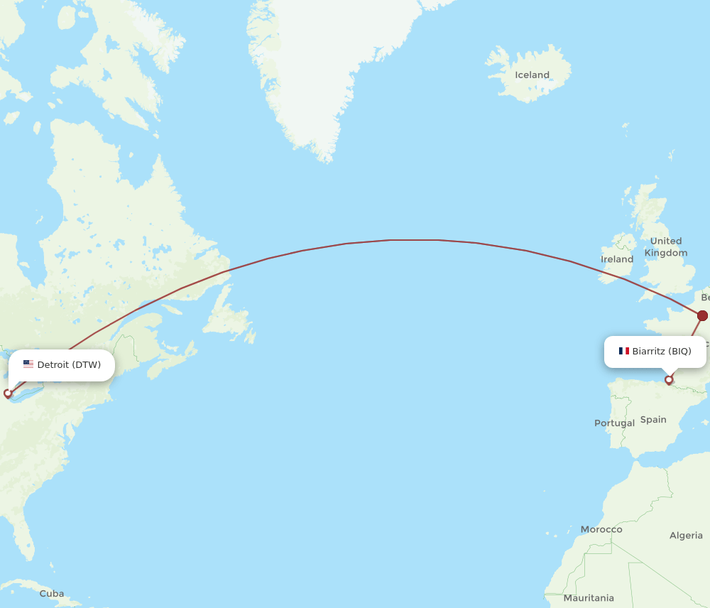 DTW to BIQ flights and routes map