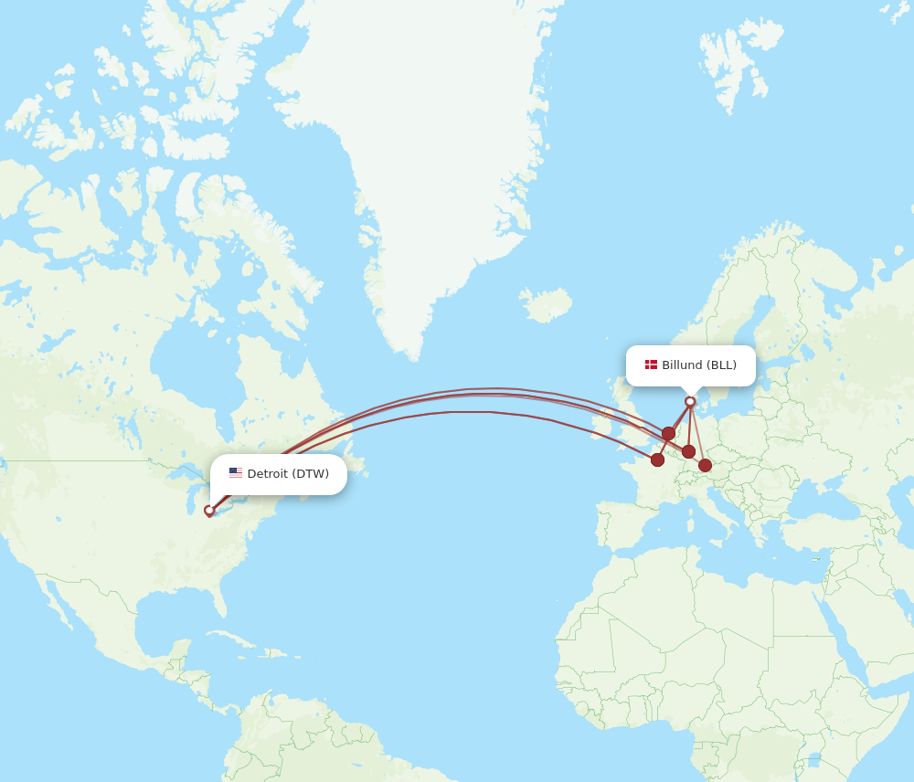 DTW to BLL flights and routes map