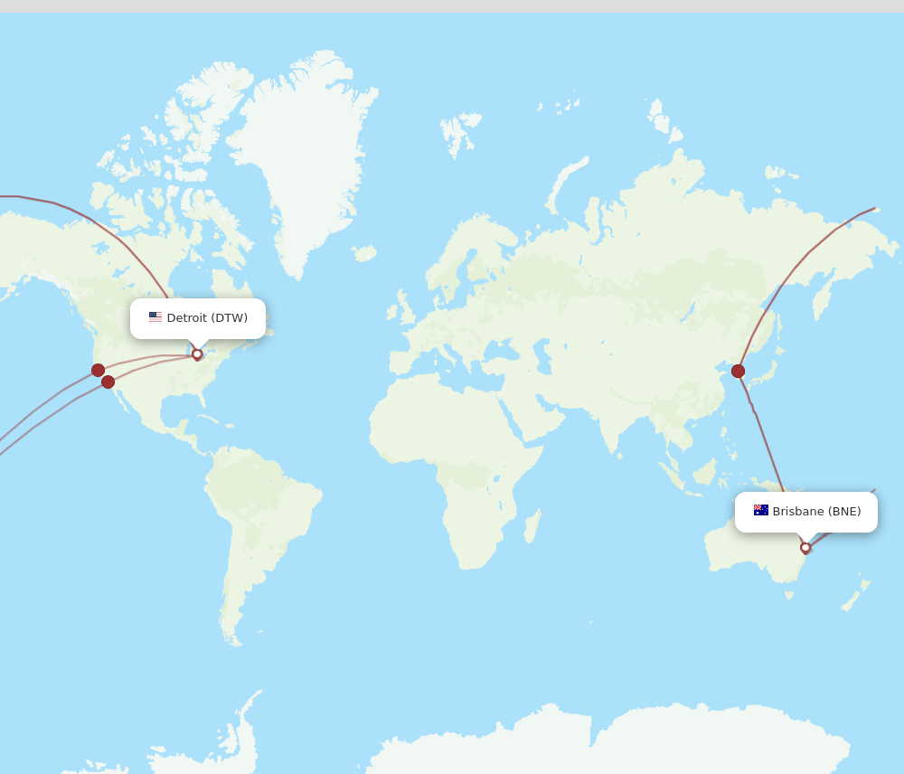 DTW to BNE flights and routes map
