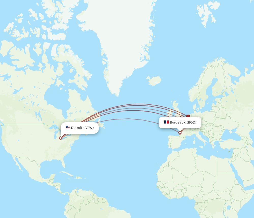 DTW to BOD flights and routes map