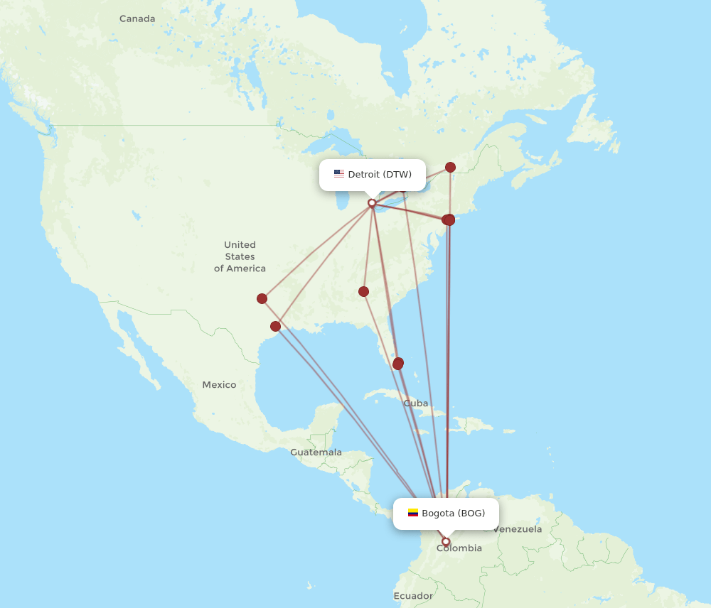 DTW to BOG flights and routes map