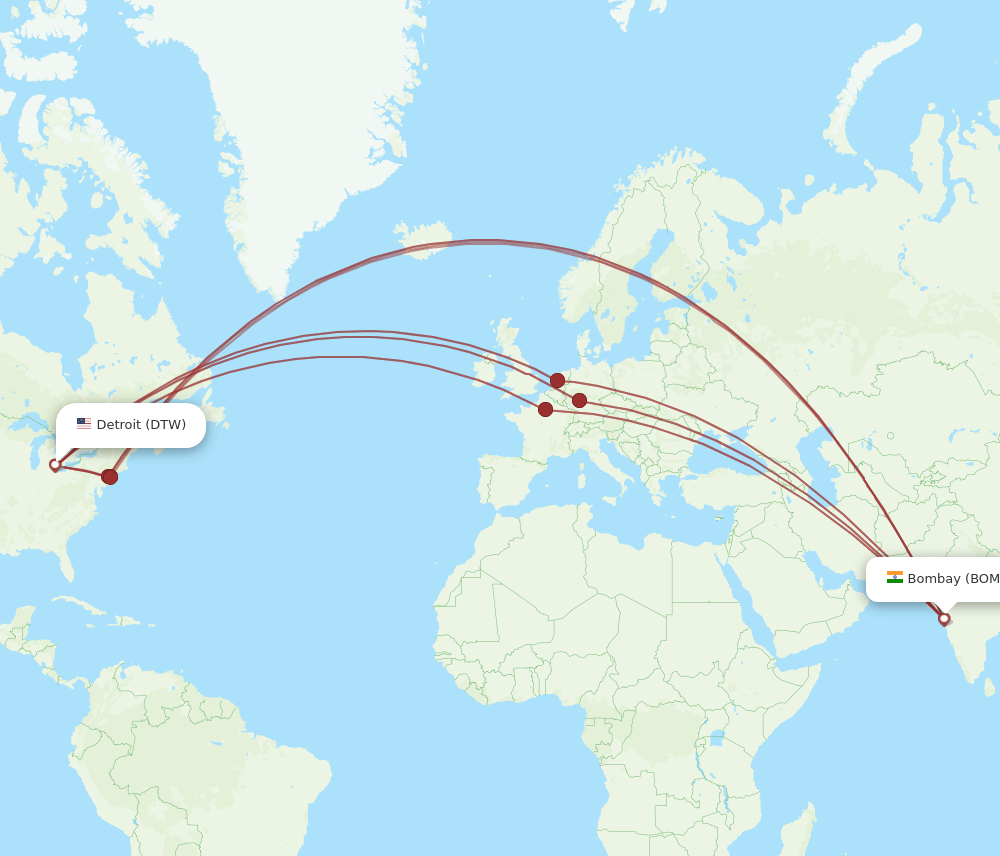 DTW to BOM flights and routes map