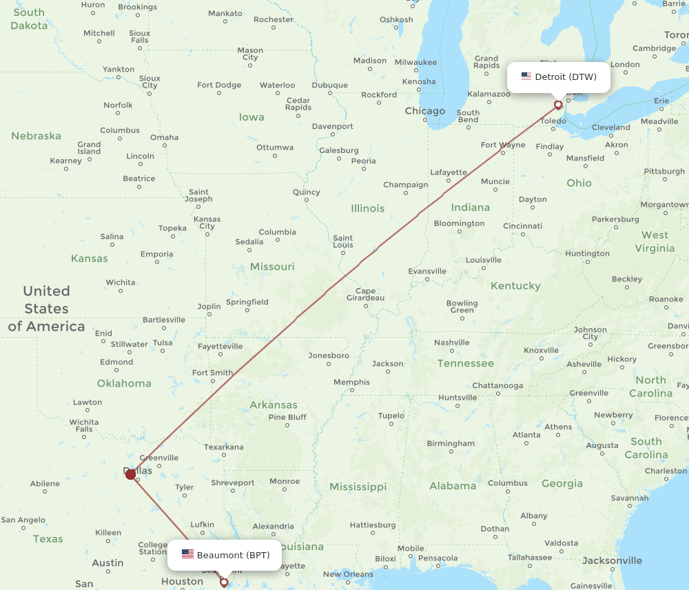 DTW-BPT flight routes
