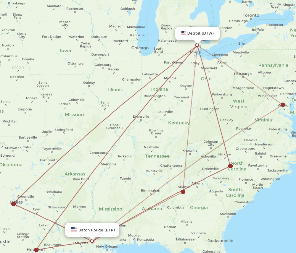 DTW to BTR flights and routes map