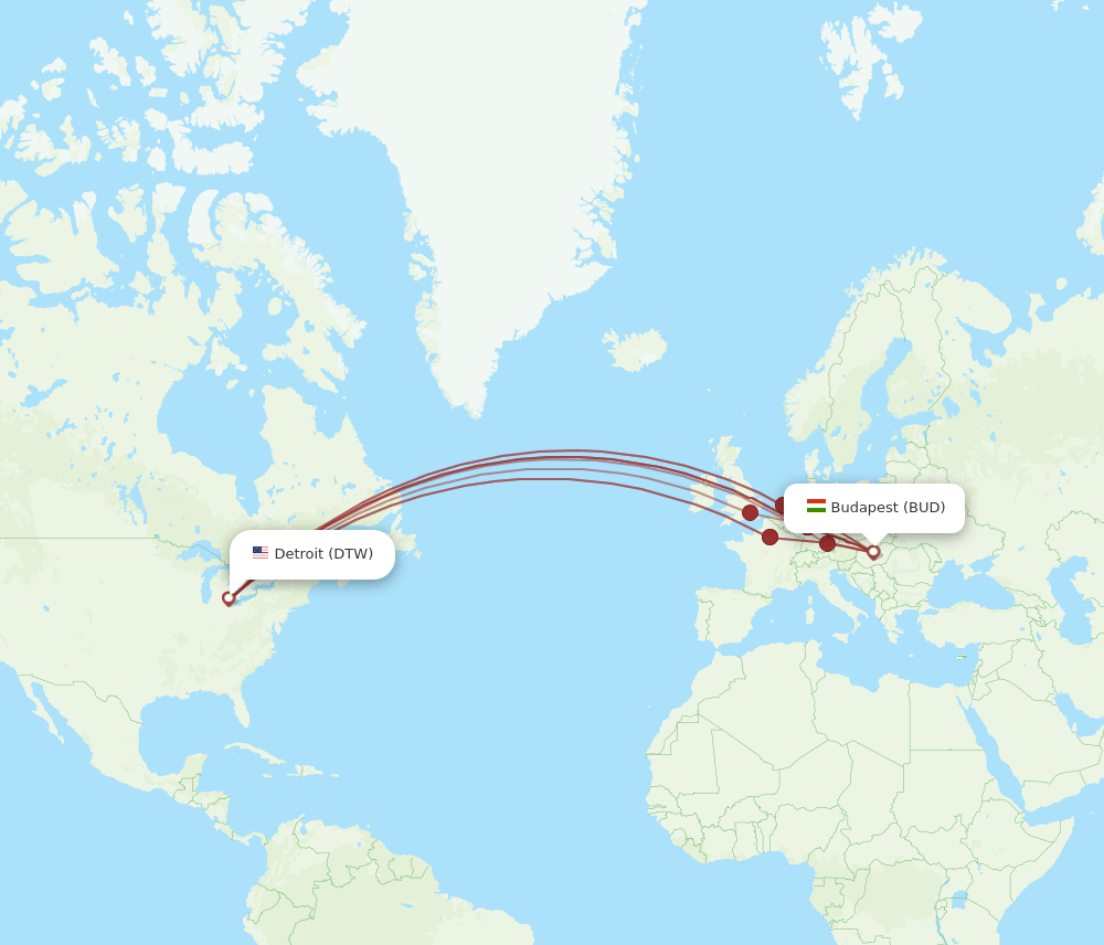 DTW to BUD flights and routes map