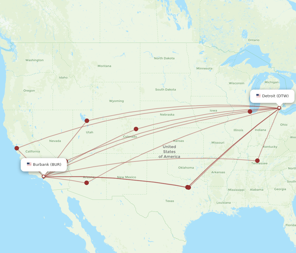 DTW-BUR flight routes