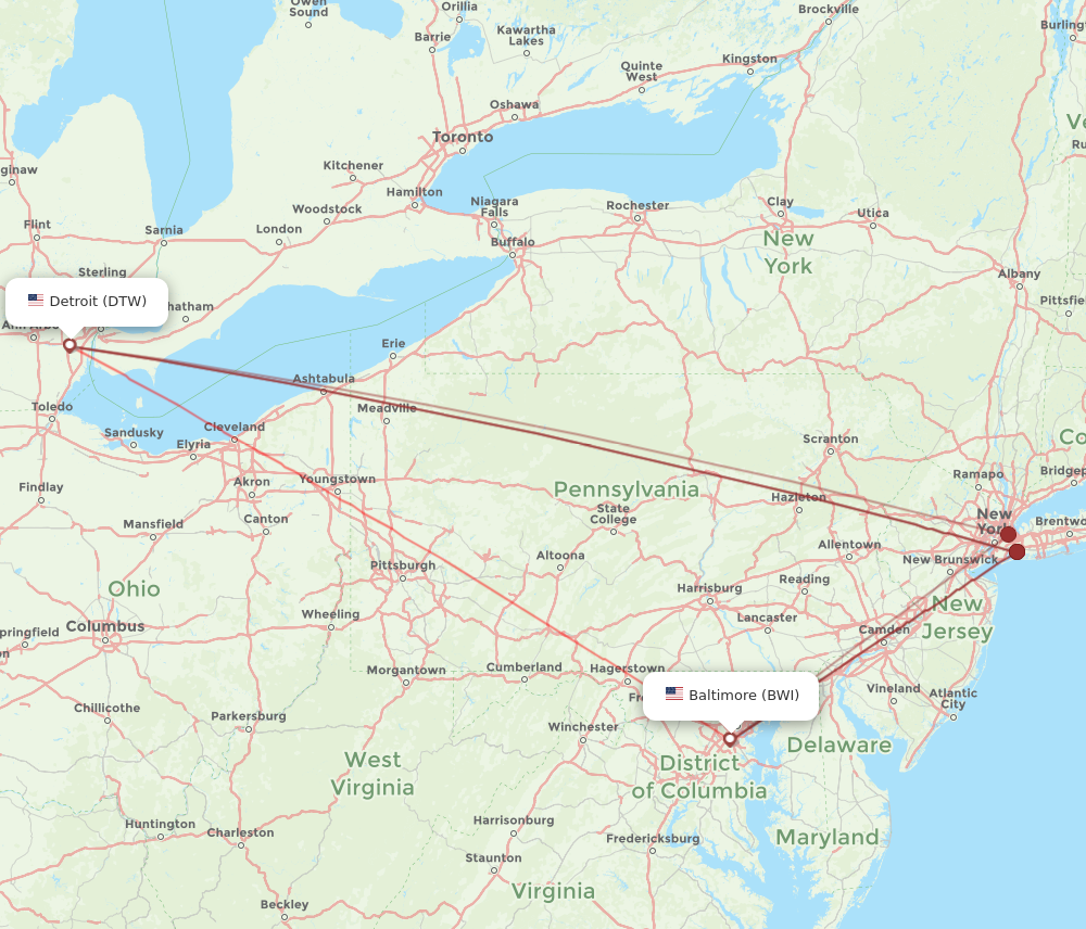 DTW to BWI flights and routes map