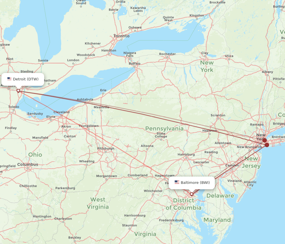 Detroit - Baltimore route map and flight paths