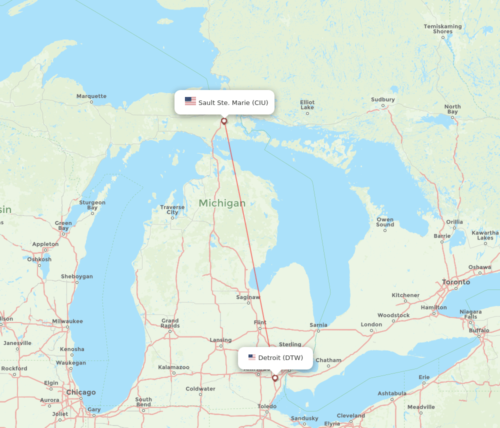 DTW to CIU flights and routes map