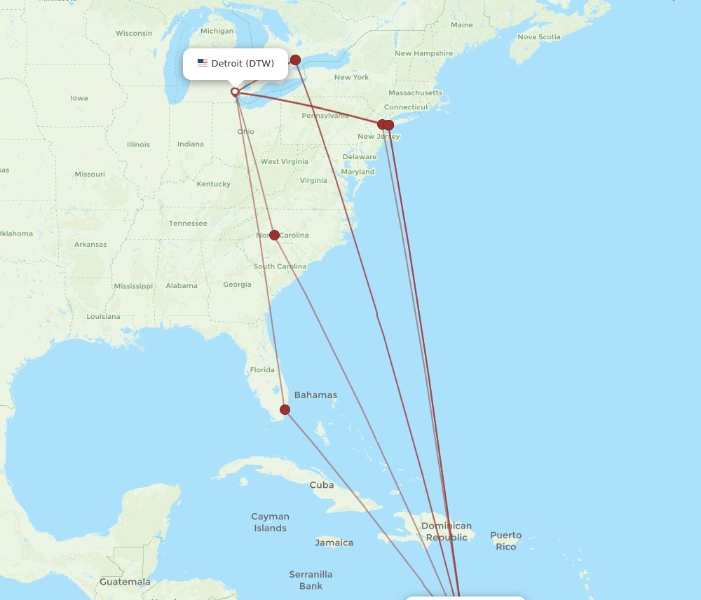 DTW-CUR flight routes