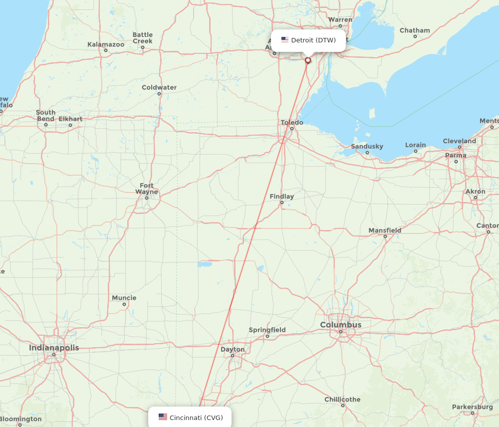 Detroit - Cincinnati route map and flight paths