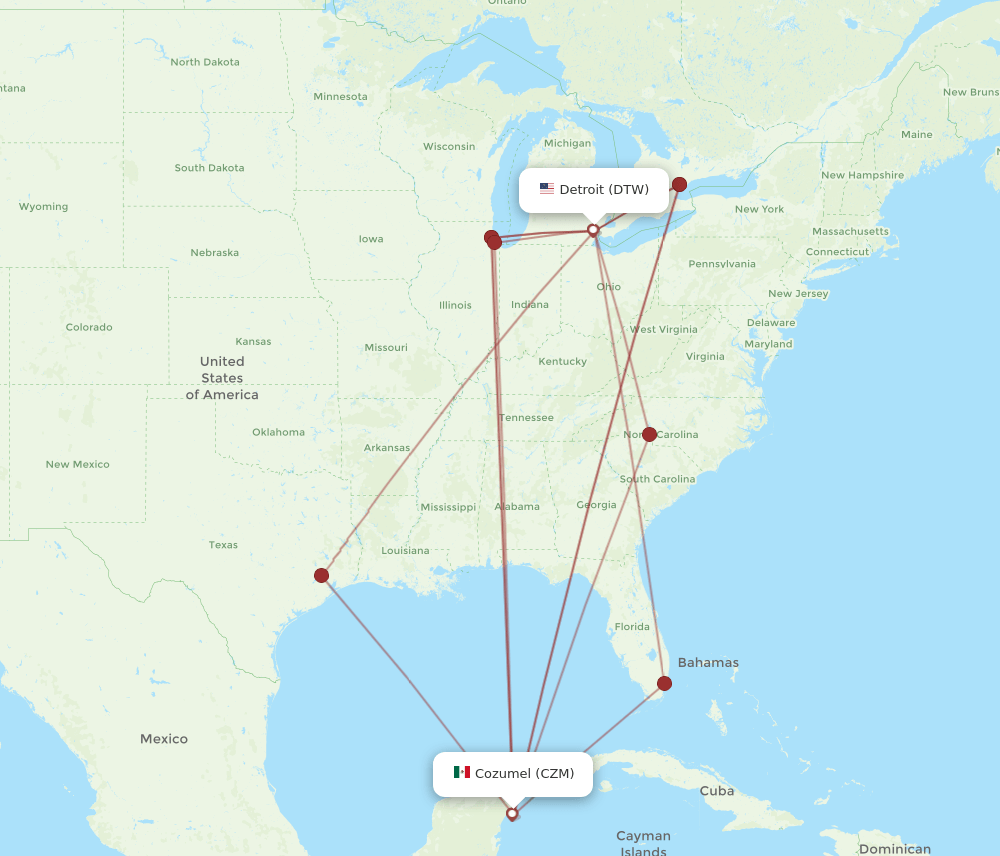 DTW to CZM flights and routes map