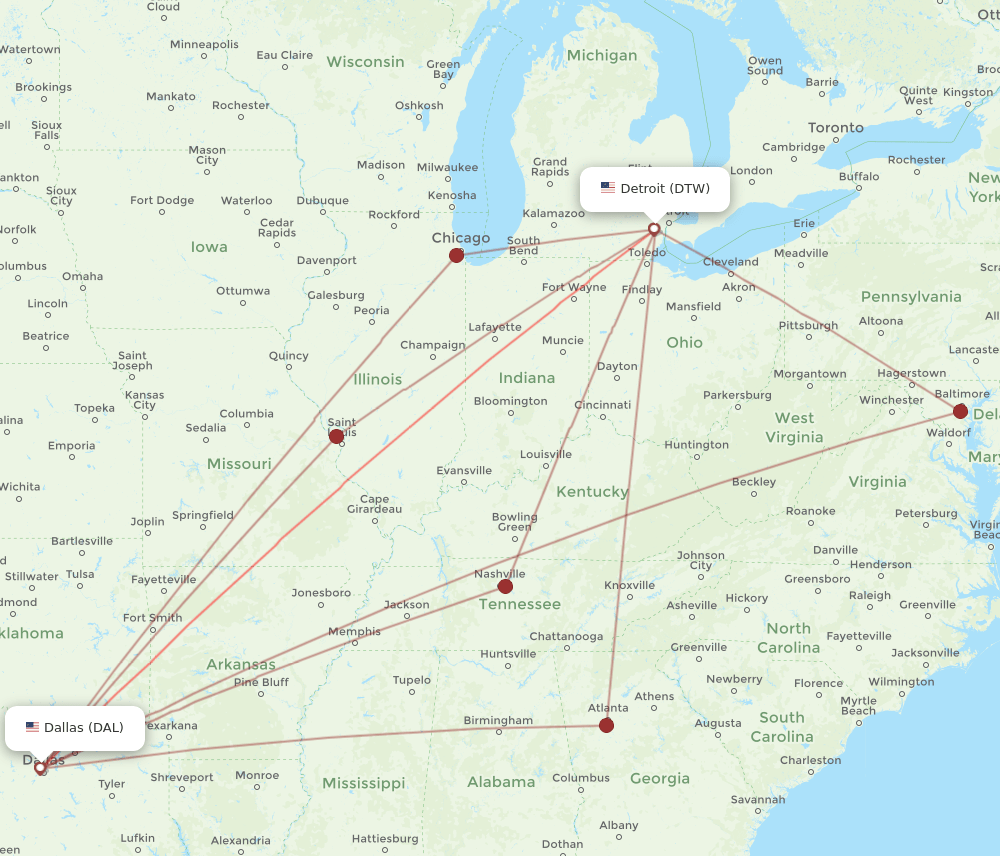 DTW-DAL flight routes