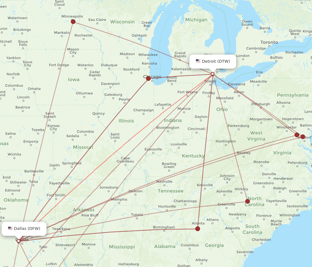DTW-DFW flight routes