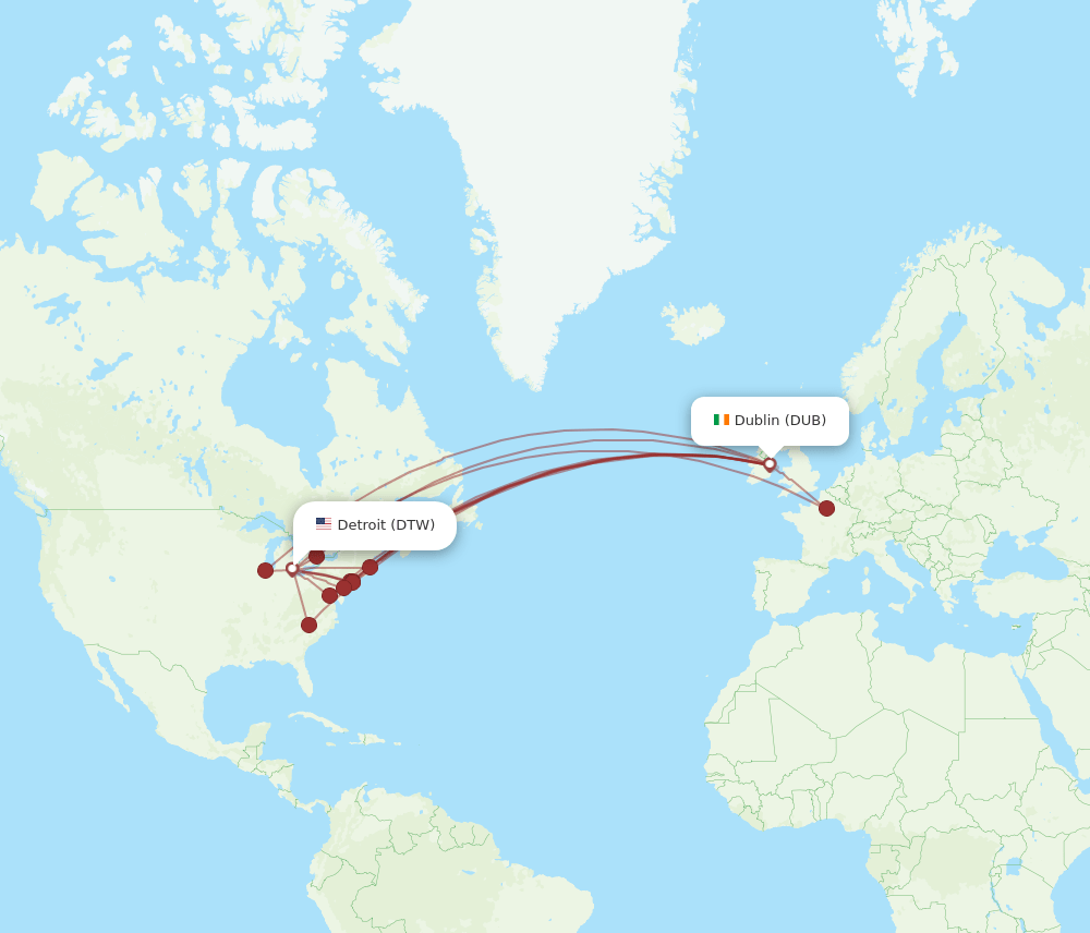 DTW to DUB flights and routes map