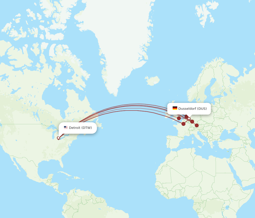 DTW to DUS flights and routes map