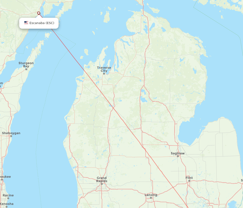 Detroit - Escanaba route map and flight paths