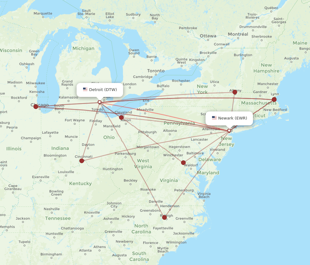 DTW to EWR flights and routes map