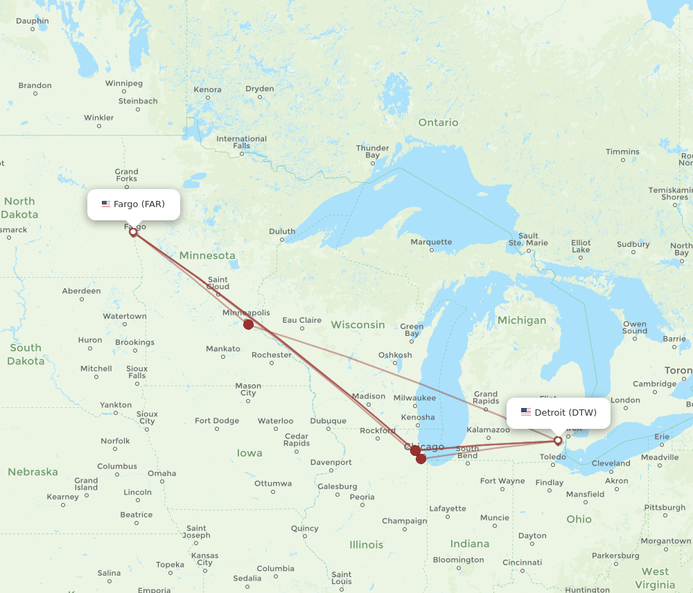 DTW to FAR flights and routes map