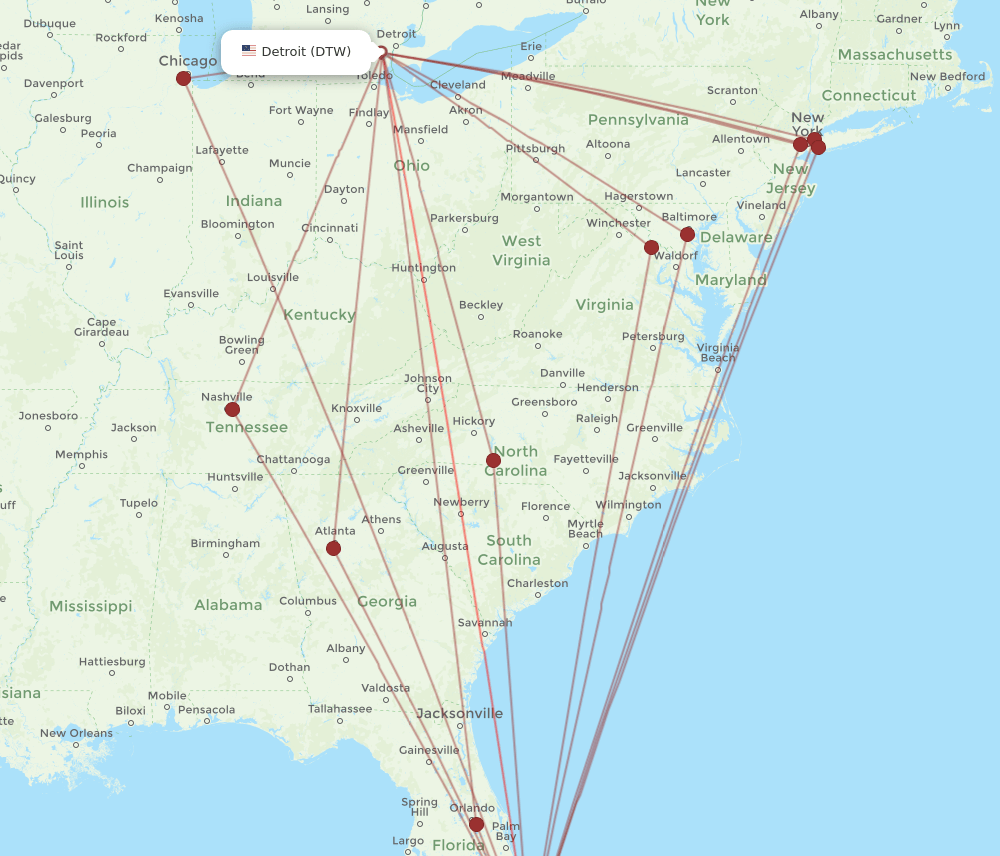 DTW to FLL flights and routes map