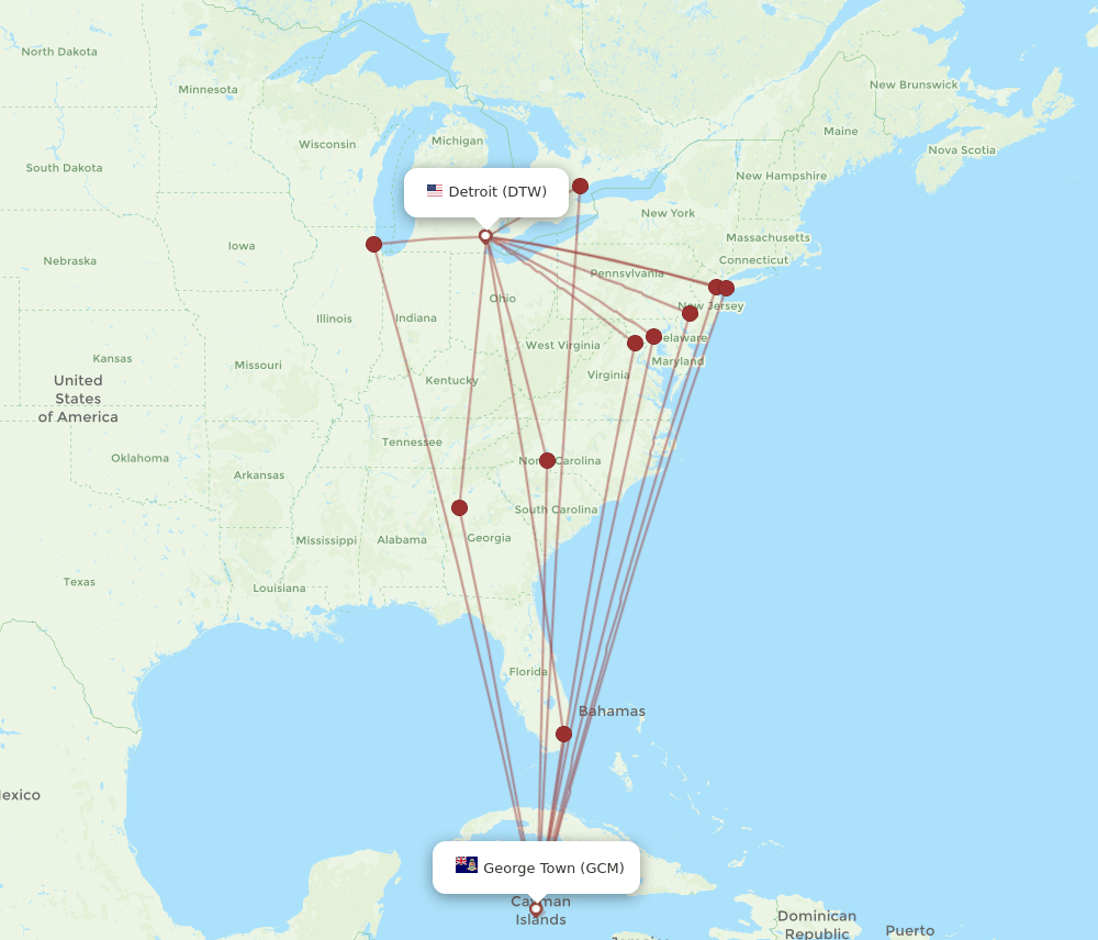 DTW to GCM flights and routes map