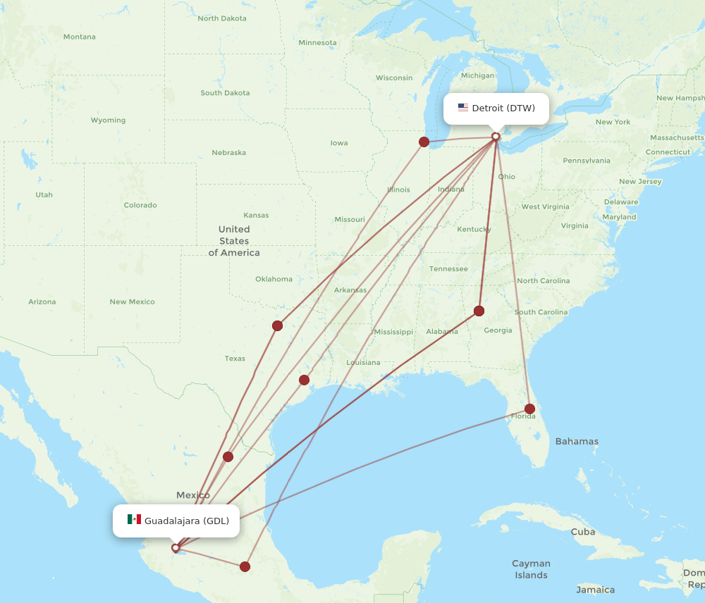 DTW-GDL flight routes
