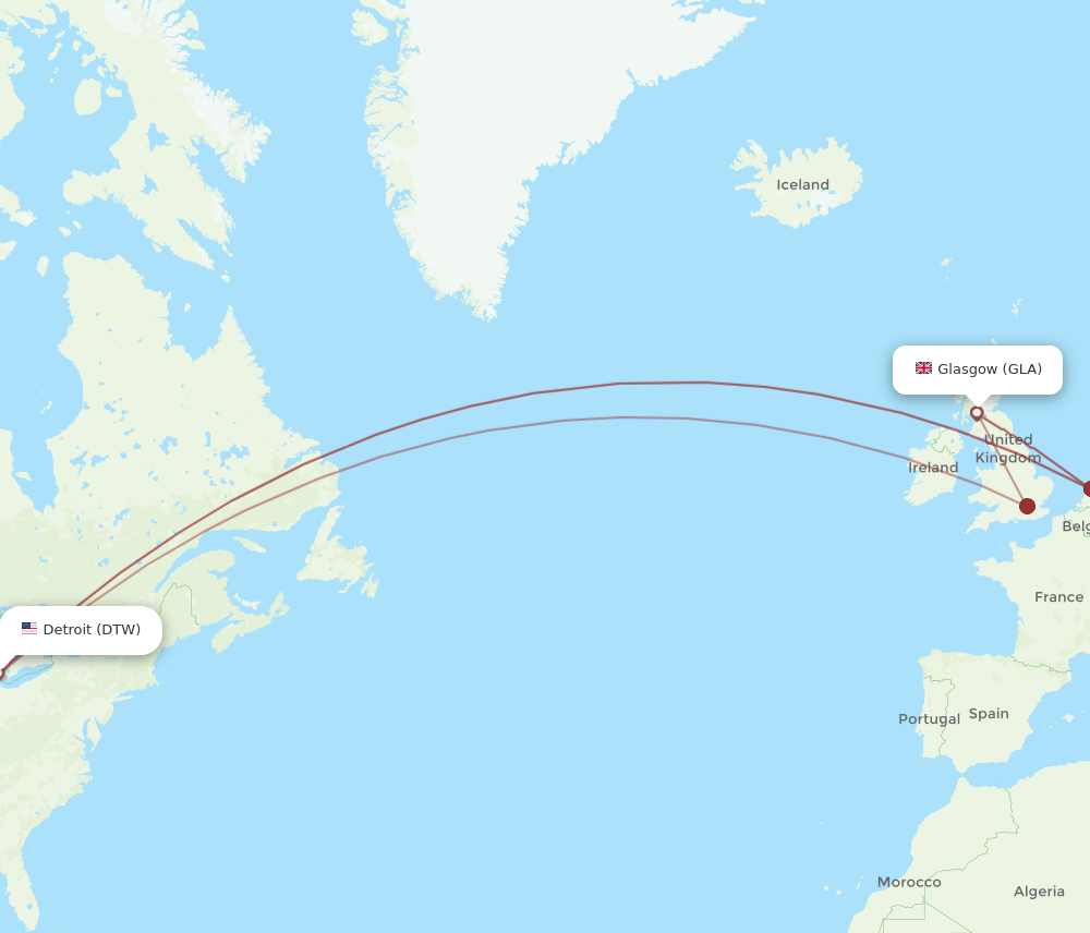 DTW-GLA flight routes