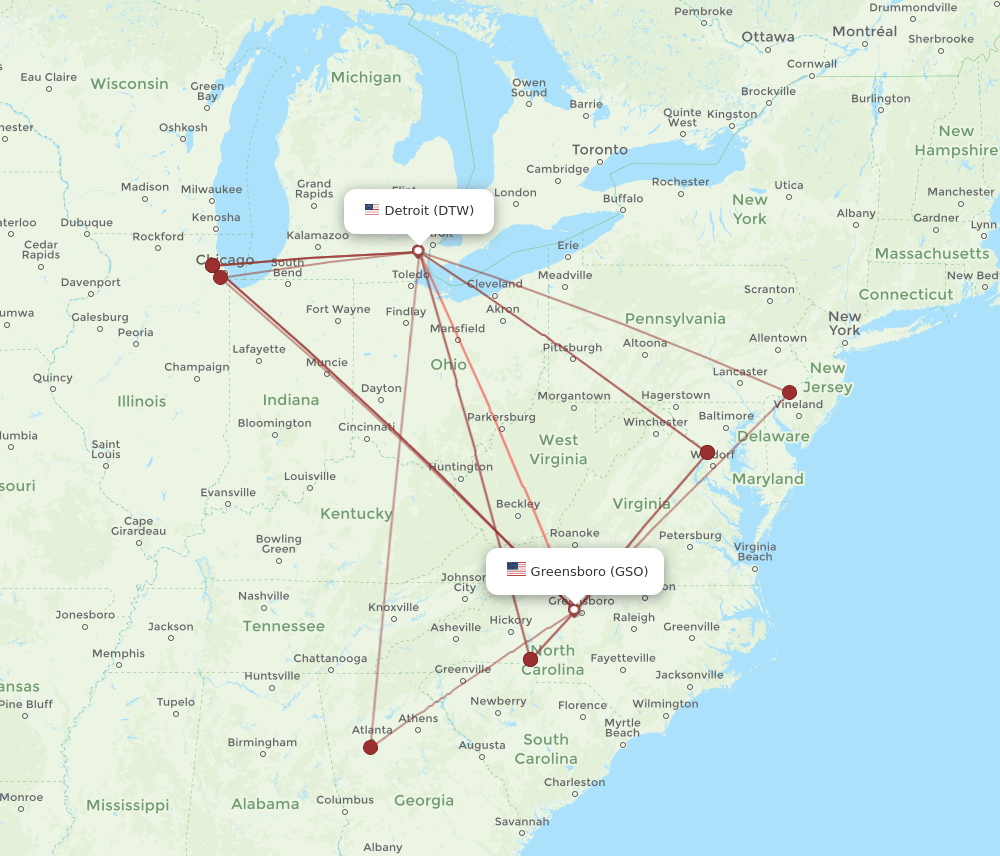 DTW-GSO flight routes