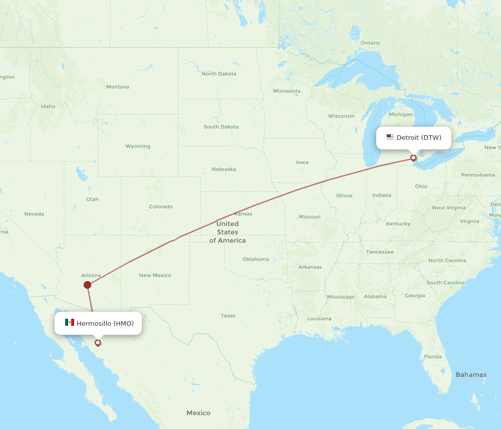 DTW to HMO flights and routes map