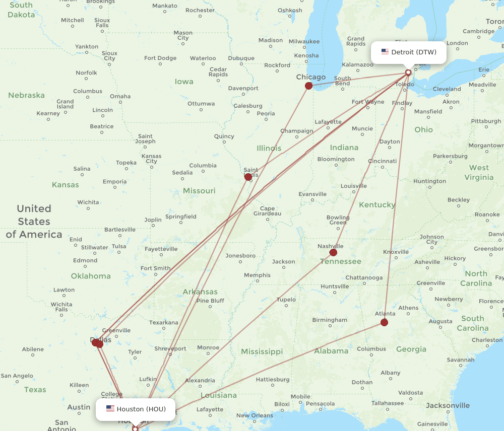 DTW-HOU flight routes