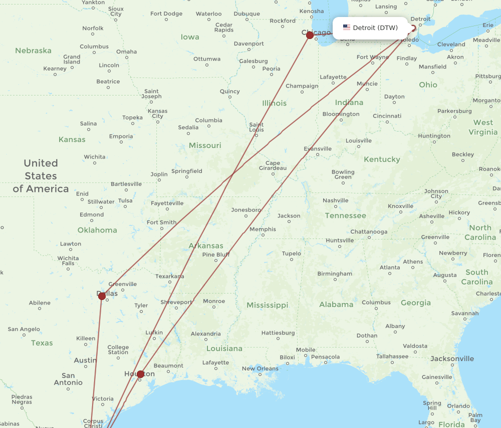 DTW to HRL flights and routes map