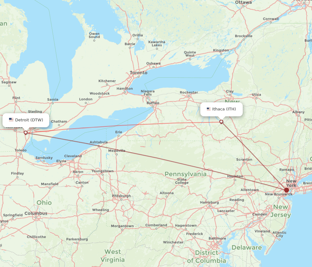 DTW to ITH flights and routes map