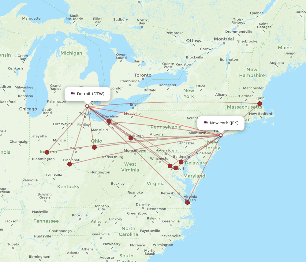 DTW to JFK flights and routes map
