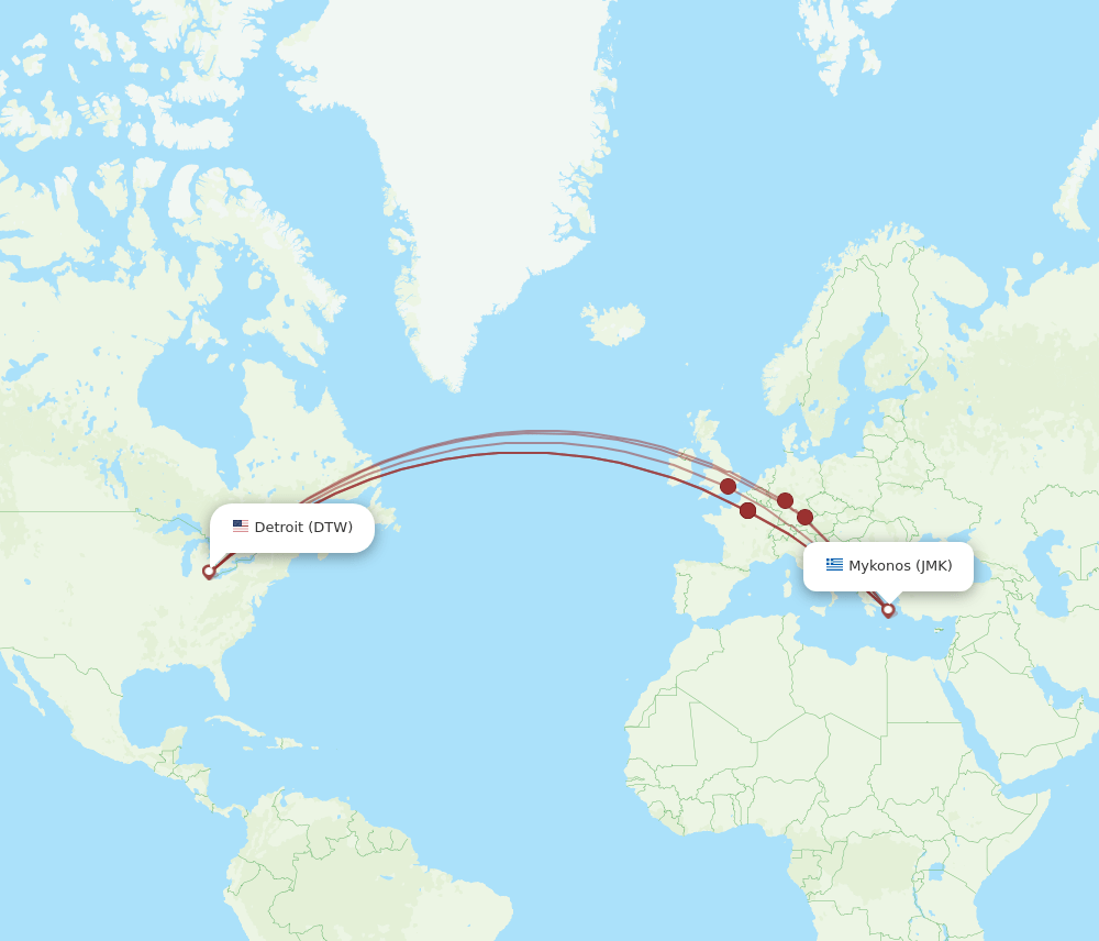 DTW-JMK flight routes