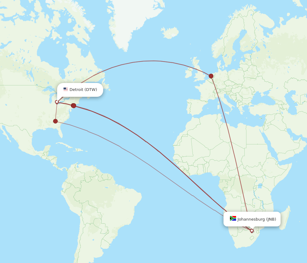 DTW-JNB flight routes