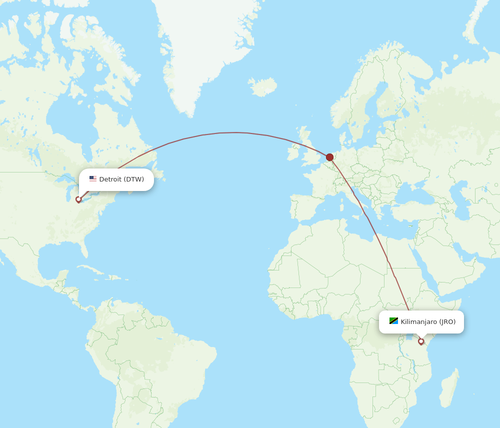 Kilimanjaro - Detroit route map and flight paths