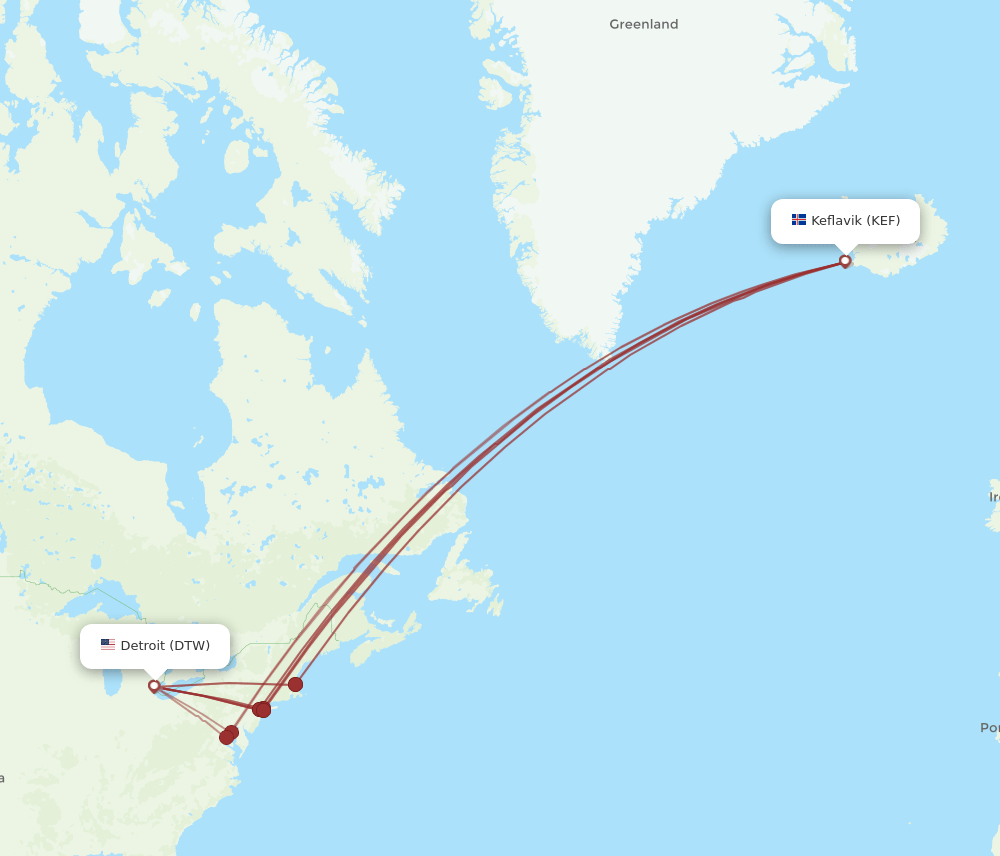 DTW-KEF flight routes