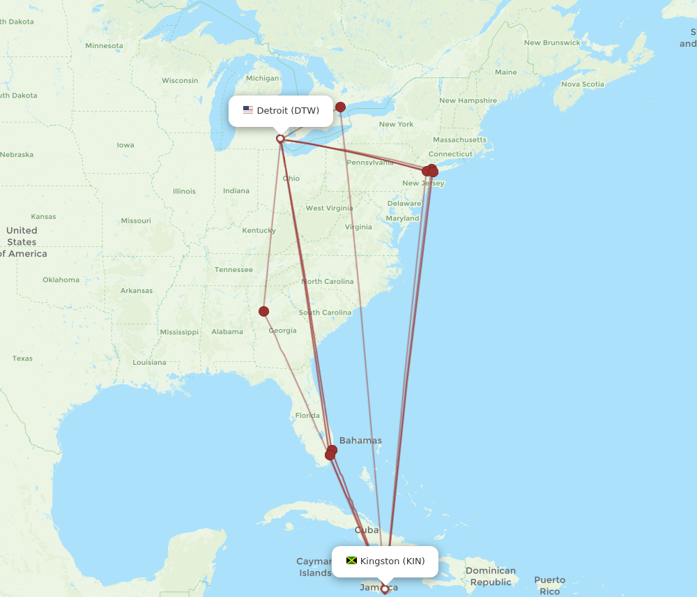 DTW to KIN flights and routes map