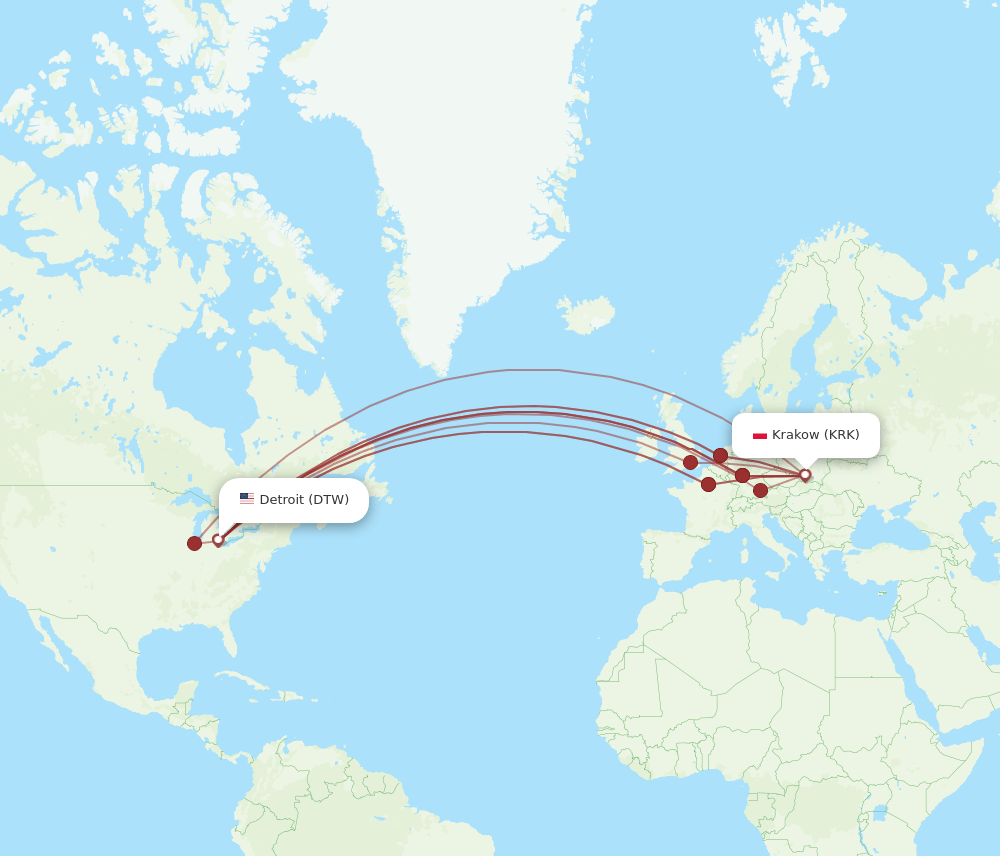 DTW-KRK flight routes